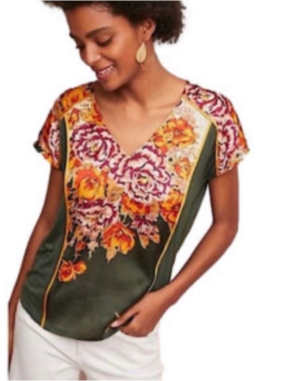 Anthropologie Floral Blouse in Green and Orange